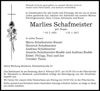 Traueranzeige von Marlies Schafmeister von Westfalen-Blatt
