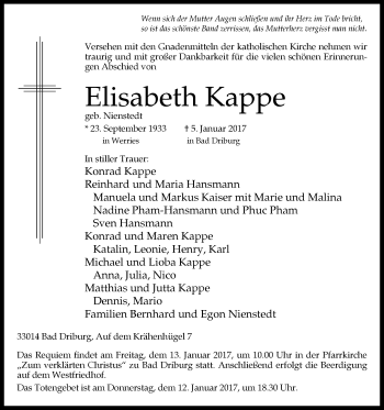 Traueranzeige von Elisabeth Kappe von Westfalen-Blatt