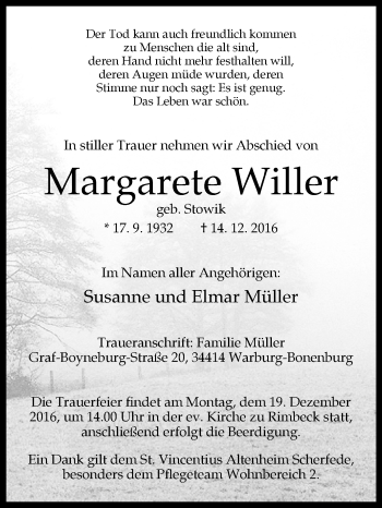 Traueranzeige von Margarete Willer von Westfalen-Blatt