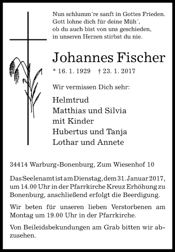 Traueranzeige von Johannes Fischer von Westfalen-Blatt