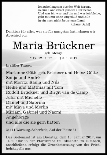 Traueranzeige von Maria Brückner von Westfalen-Blatt