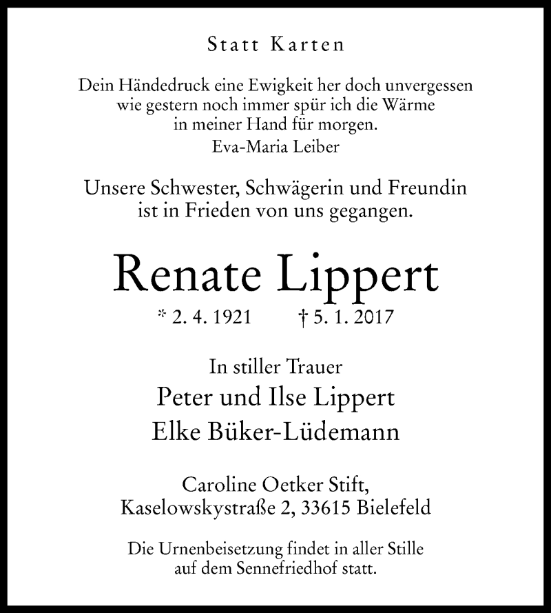  Traueranzeige für Renate Lippert vom 07.01.2017 aus Westfalen-Blatt