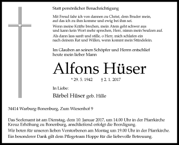 Traueranzeige von Alfons Hüser von Westfalen-Blatt