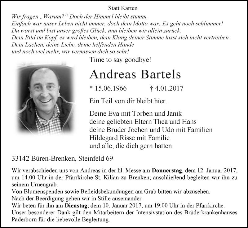  Traueranzeige für Andreas Bartels vom 10.01.2017 aus Westfalen-Blatt