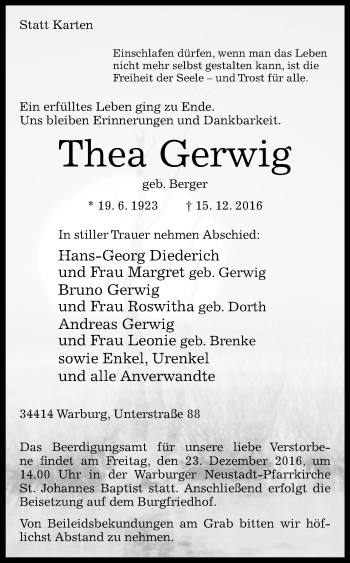 Traueranzeige von Thea Gerwig von Westfalen-Blatt