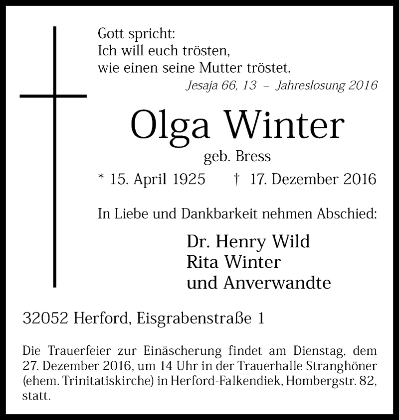  Traueranzeige für Olga Winter vom 24.12.2016 aus Westfalen-Blatt