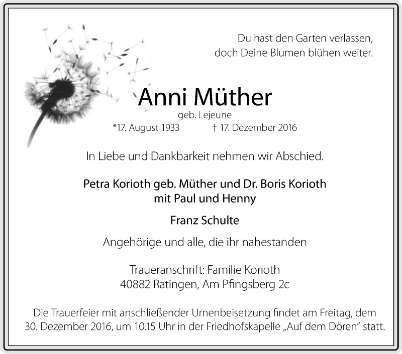  Traueranzeige für Anni Müther vom 23.12.2016 aus Westfalen-Blatt
