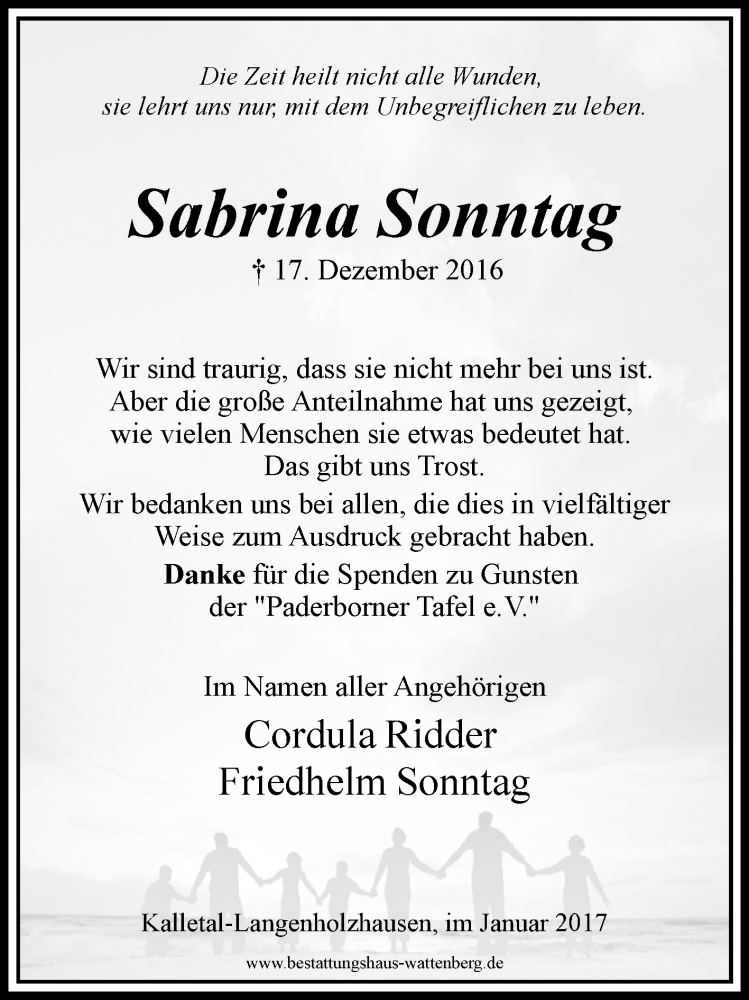  Traueranzeige für Sabrina Sonntag vom 24.01.2017 aus Westfalen-Blatt