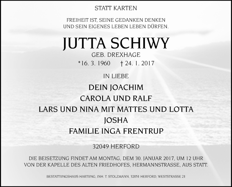  Traueranzeige für Jutta Schiwy vom 28.01.2017 aus Westfalen-Blatt