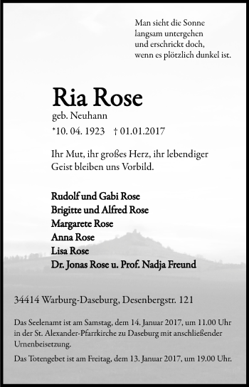 Traueranzeige von Ria Rose von Westfalen-Blatt