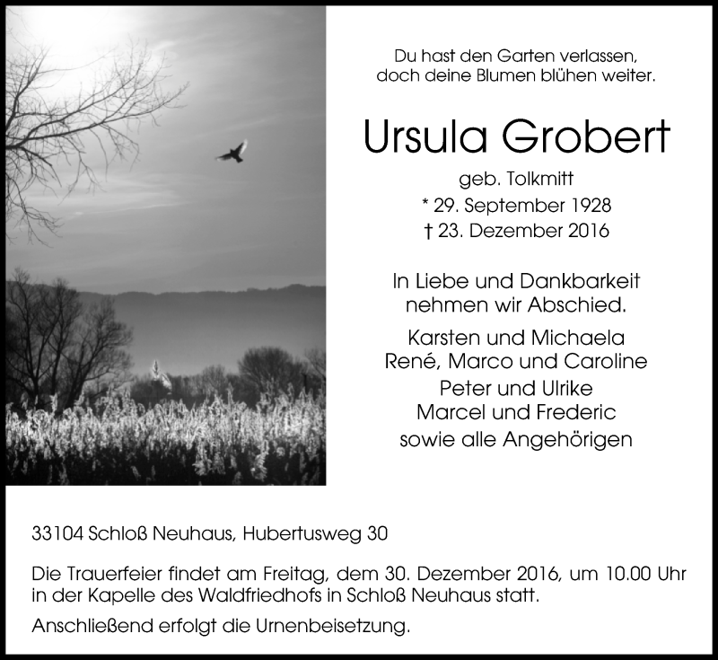  Traueranzeige für Ursula Grobert vom 28.12.2016 aus Westfalen-Blatt