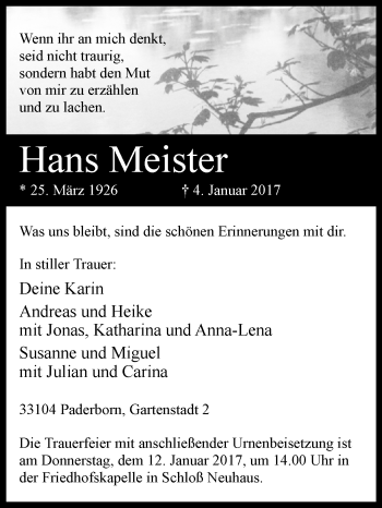 Traueranzeige von Hans Meister von Westfalen-Blatt
