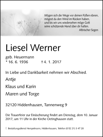 Traueranzeige von Liesel Werner von Westfalen-Blatt