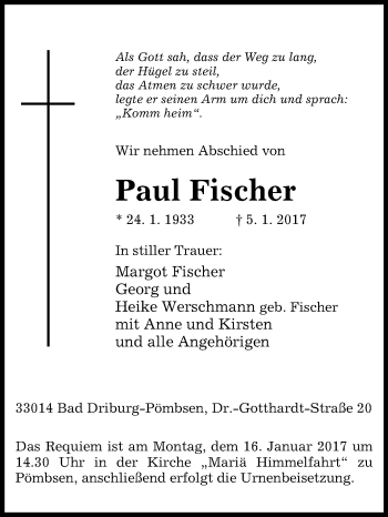 Traueranzeige von Paul Fischer von Westfalen-Blatt