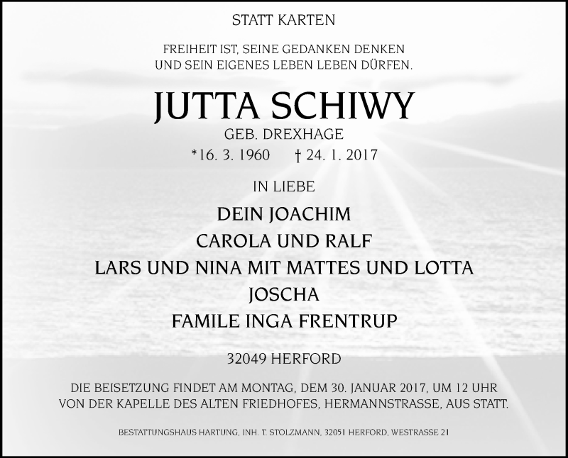  Traueranzeige für Jutta Schiwy vom 26.01.2017 aus Westfalen-Blatt