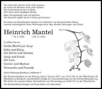 Traueranzeige von Heinrich Mantel von Westfalen-Blatt