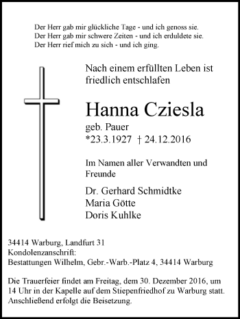 Traueranzeige von Hanna Cziesla von Westfalen-Blatt