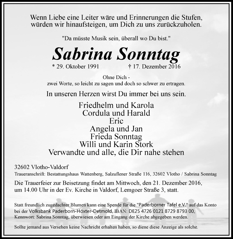  Traueranzeige für Sabrina Sonntag vom 19.12.2016 aus Westfalen-Blatt