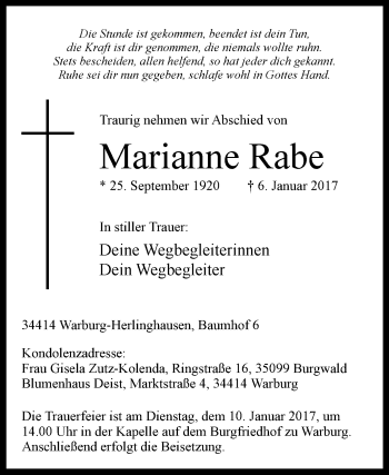 Traueranzeige von Marianne Rabe von Westfalen-Blatt