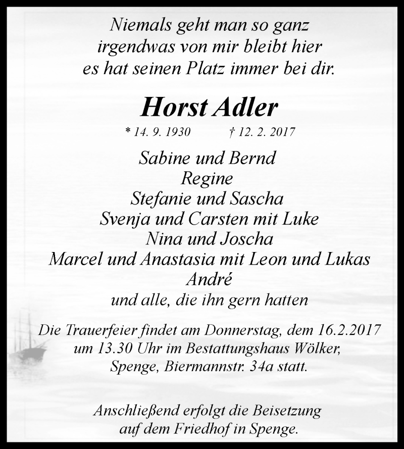  Traueranzeige für Horst Adler vom 13.02.2017 aus Westfalen-Blatt