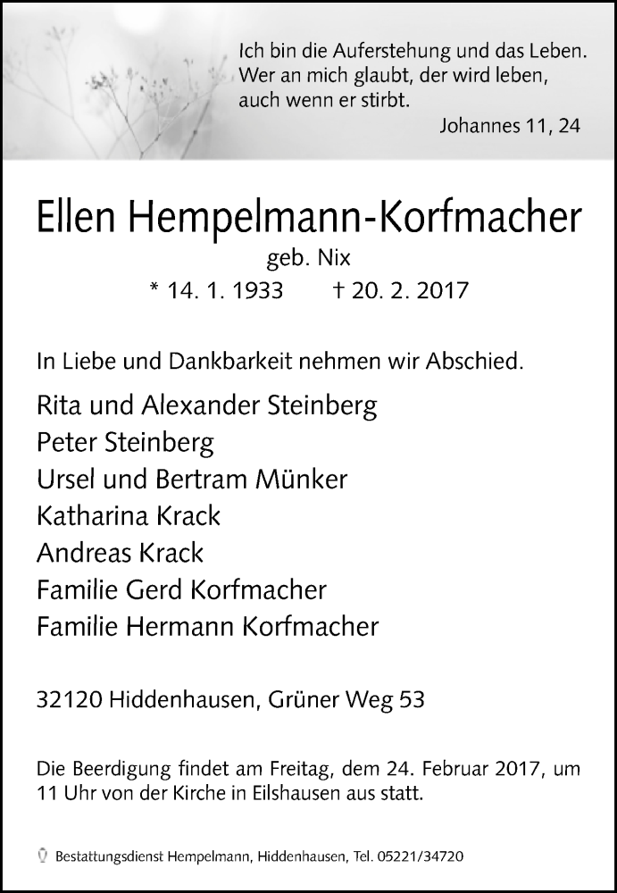  Traueranzeige für Ellen Hempelmann-Korfmacher vom 22.02.2017 aus Westfalen-Blatt