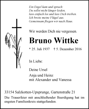 Traueranzeige von Bruno Wittke von Westfalen-Blatt