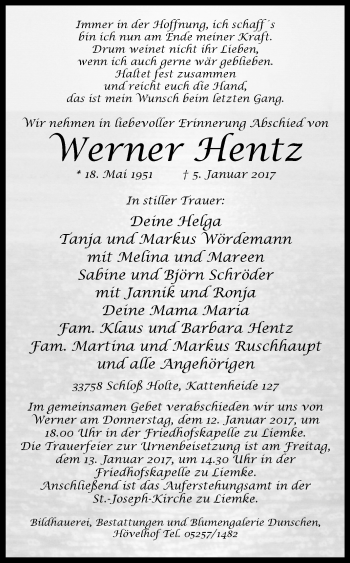 Traueranzeige von Werner Hentz von Westfalen-Blatt