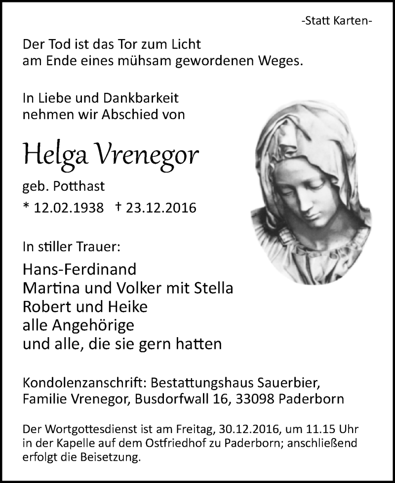  Traueranzeige für Helga Vrenegor vom 28.12.2016 aus Westfalen-Blatt
