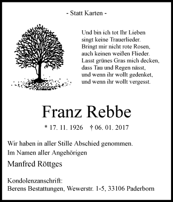 Traueranzeige von Franz Rebbe von Westfalen-Blatt