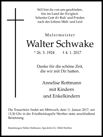Traueranzeige von Walter Schwake von Westfalen-Blatt