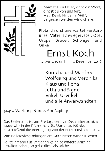 Traueranzeige von Ernst Koch von Westfalen-Blatt