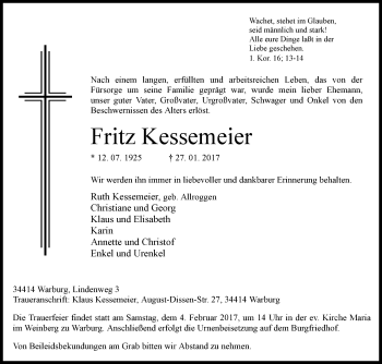 Traueranzeige von Fritz Kessemeier von Westfalen-Blatt