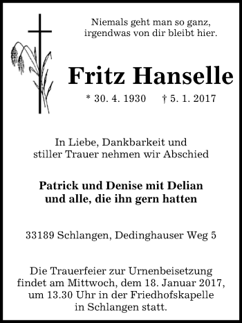 Traueranzeige von Fritz Hanselle von Westfalen-Blatt