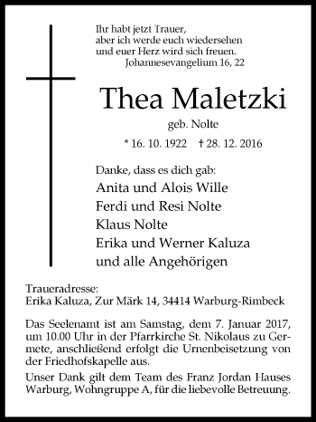 Traueranzeige von Thea Maletzki von Westfalen-Blatt