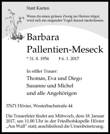 Traueranzeige von Barbara Pallentien-Meseck von Westfalen-Blatt