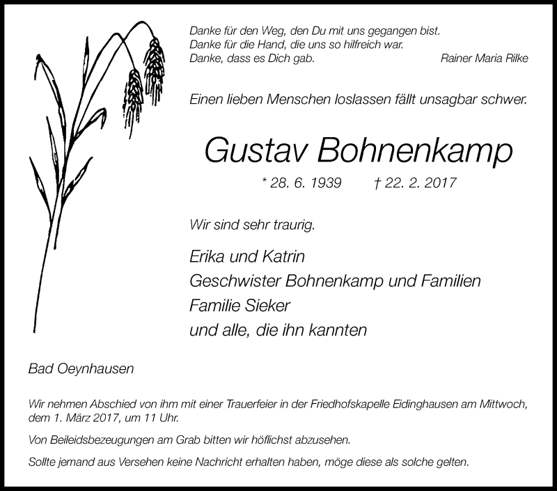  Traueranzeige für Gustav Bohnenkamp vom 25.02.2017 aus Westfalen-Blatt