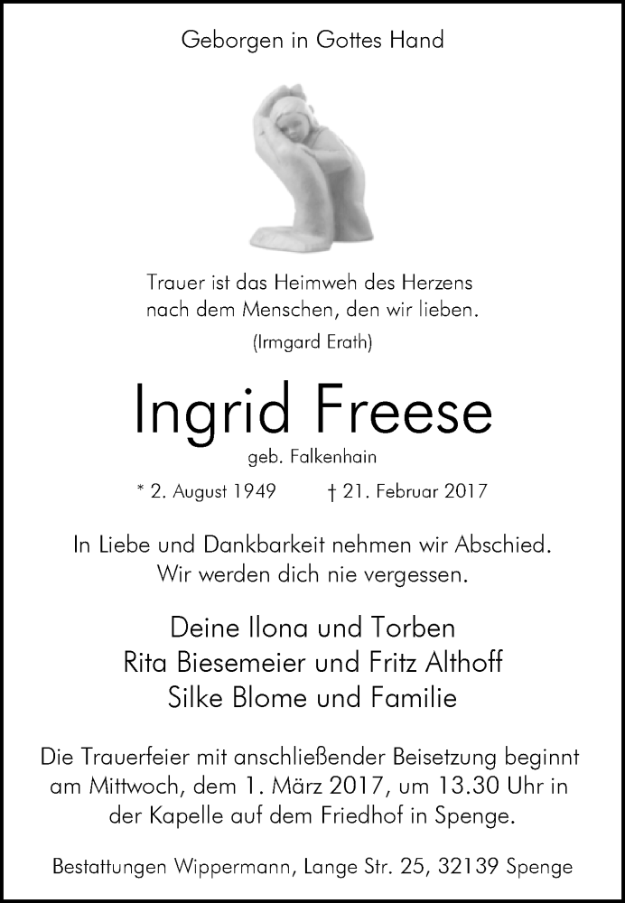  Traueranzeige für Ingrid Freese vom 25.02.2017 aus Westfalen-Blatt