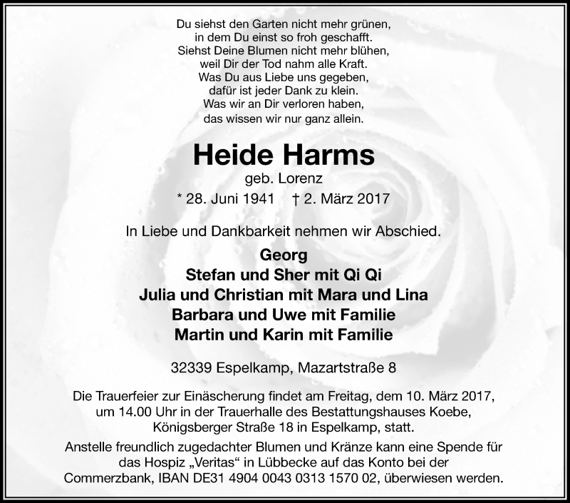  Traueranzeige für Heide Harms vom 07.03.2017 aus Westfalen-Blatt