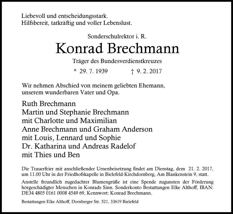  Traueranzeige für Konrad Brechmann vom 15.02.2017 aus Westfalen-Blatt