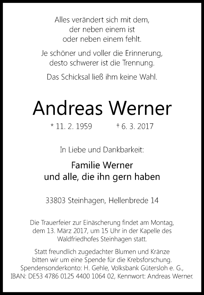  Traueranzeige für Andreas Werner vom 09.03.2017 aus Westfalen-Blatt