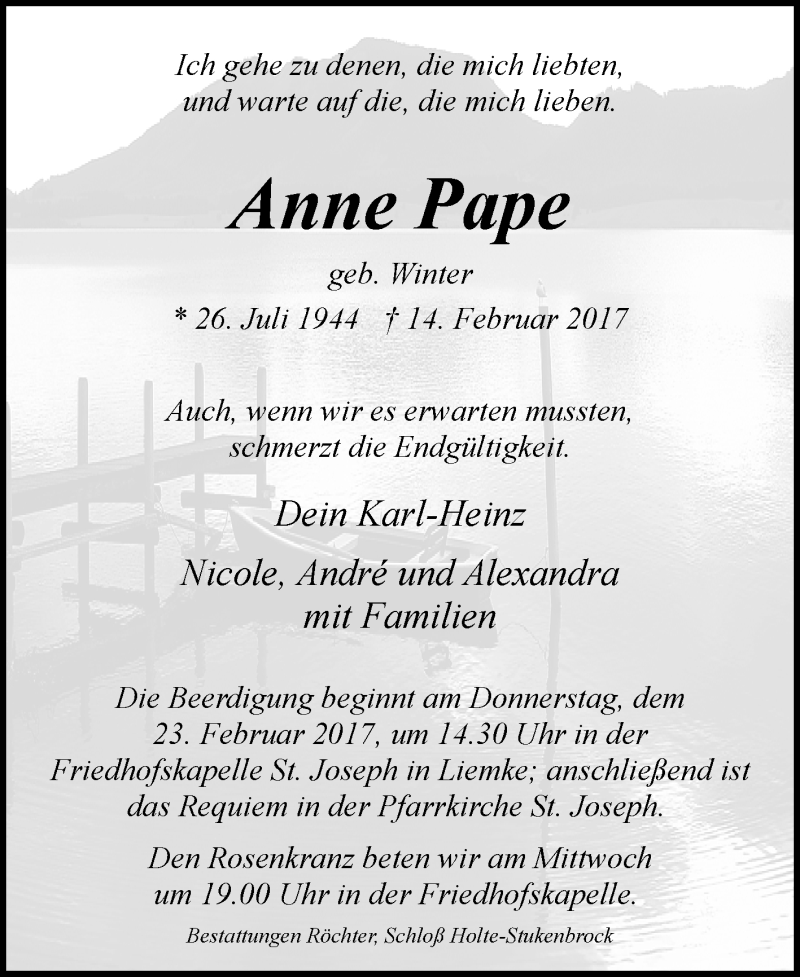  Traueranzeige für Anne Pape vom 18.02.2017 aus Westfalen-Blatt