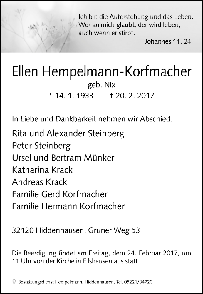 Traueranzeige für Ellen Hempelmann-Korfmacher vom 22.02.2017 aus Westfalen-Blatt
