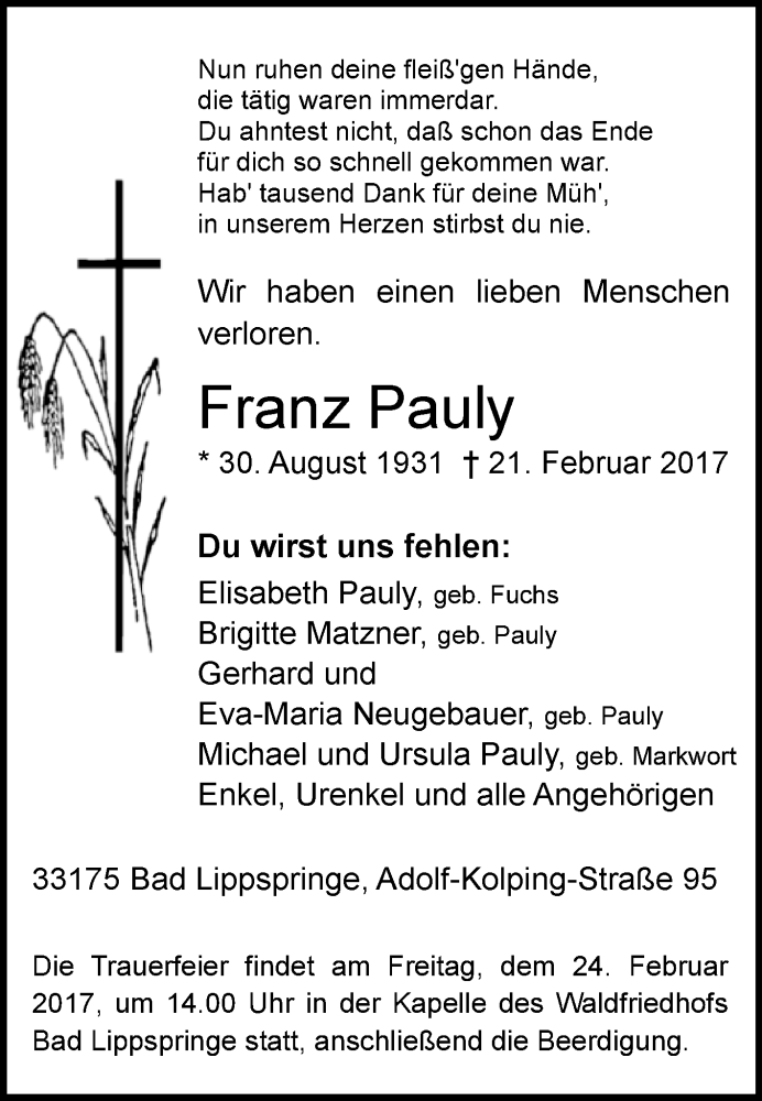  Traueranzeige für Franz Pauly vom 22.02.2017 aus Westfalen-Blatt