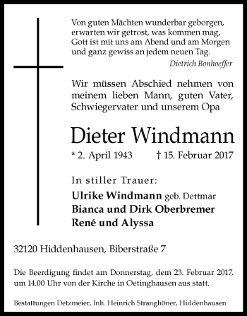 Traueranzeige von Dieter Windmann von Westfalen-Blatt