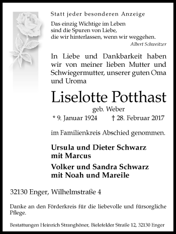 Traueranzeige von Liselotte Potthast von Westfalen-Blatt