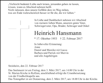 Traueranzeige von Heinrich Hansmann von Westfalen-Blatt
