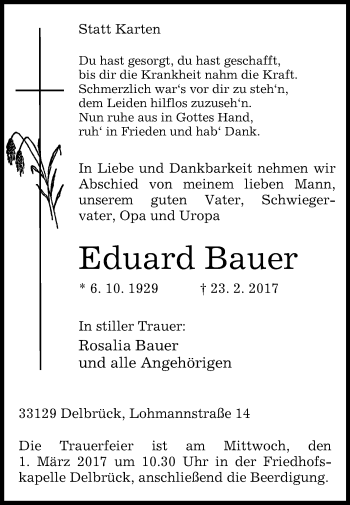 Traueranzeige von Eduard Bauer von Westfalen-Blatt