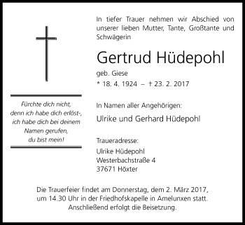 Traueranzeige von Gertrud Hüdepohl von Westfalen-Blatt
