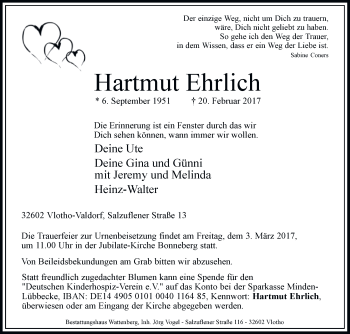 Traueranzeige von Hartmut Ehrlich von Westfalen-Blatt