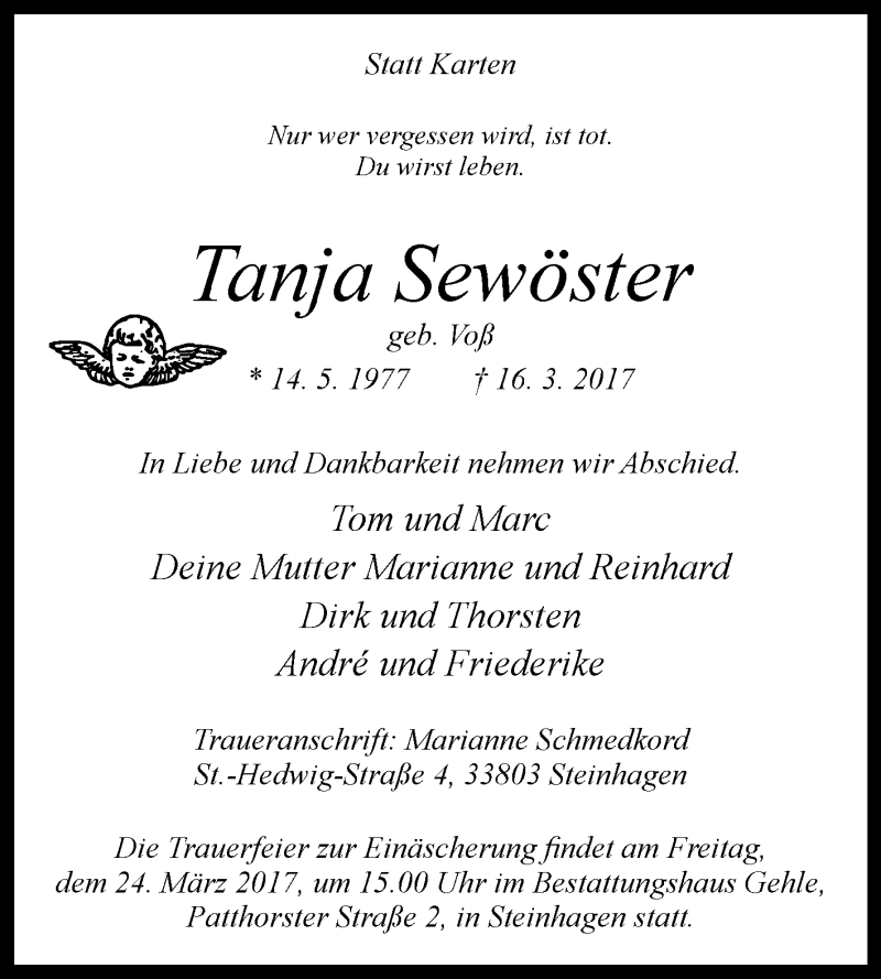  Traueranzeige für Tanja Sewöster vom 21.03.2017 aus Westfalen-Blatt